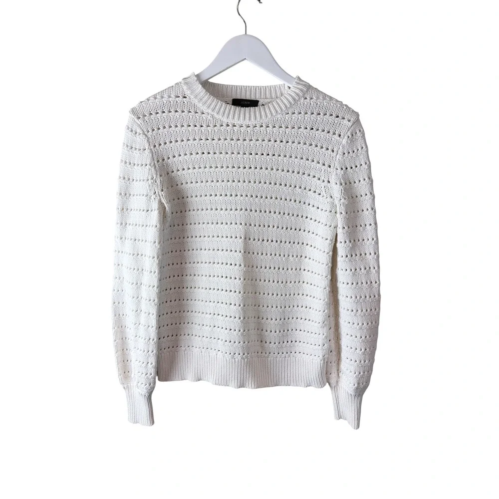 J. Crew Ivory Pointelle Open‎ Knit Cotton Blend Crewneck Sweater AW847 Womens S